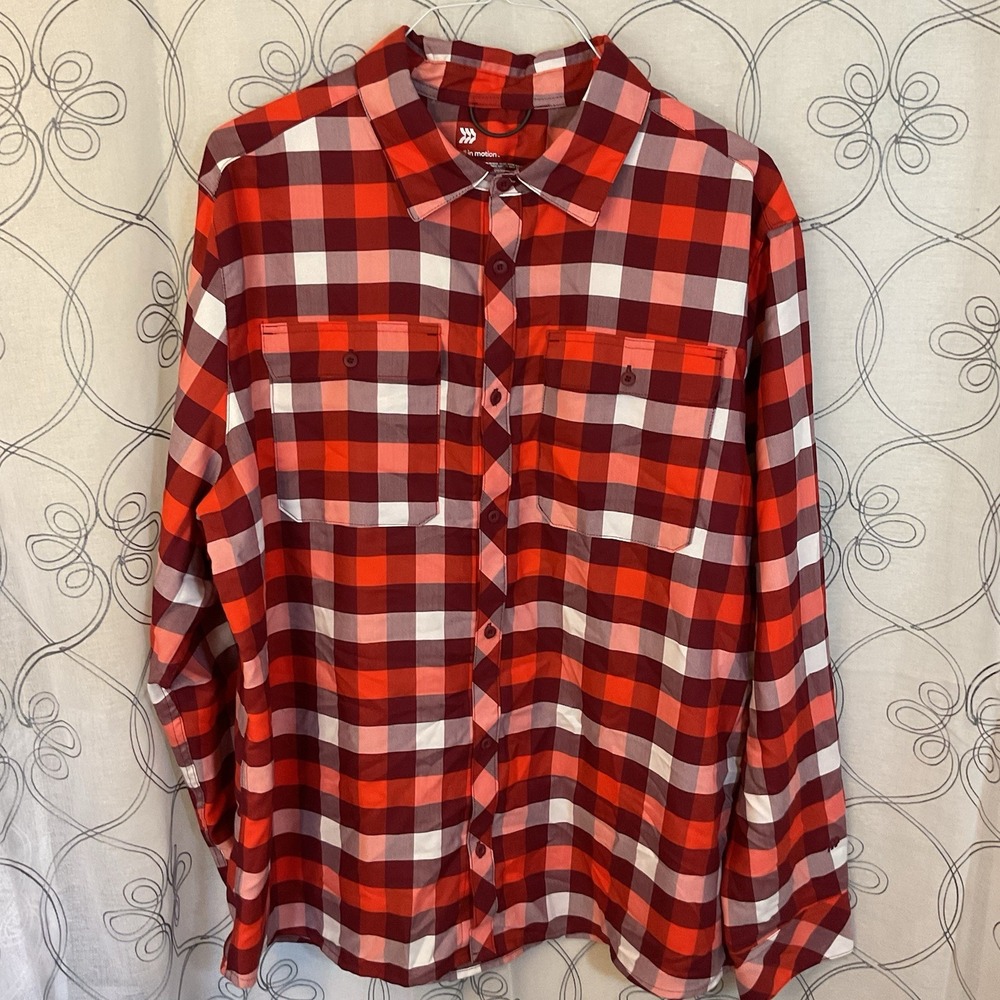 All in motion men's button-down Long Sleeve shirt, Red‎ plaid Size Medium
